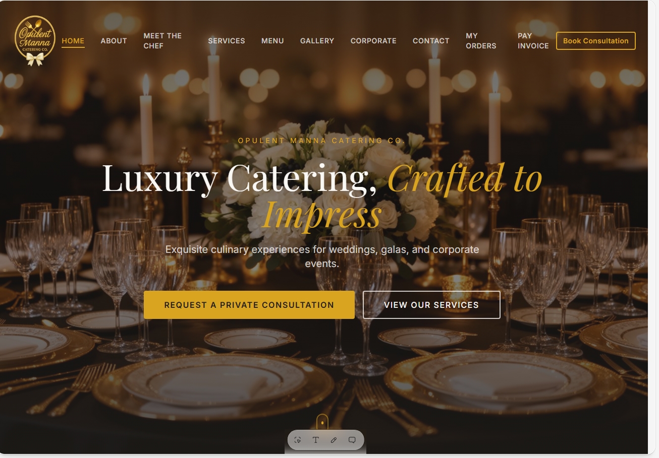 Opulent Manna Catering Co. website homepage